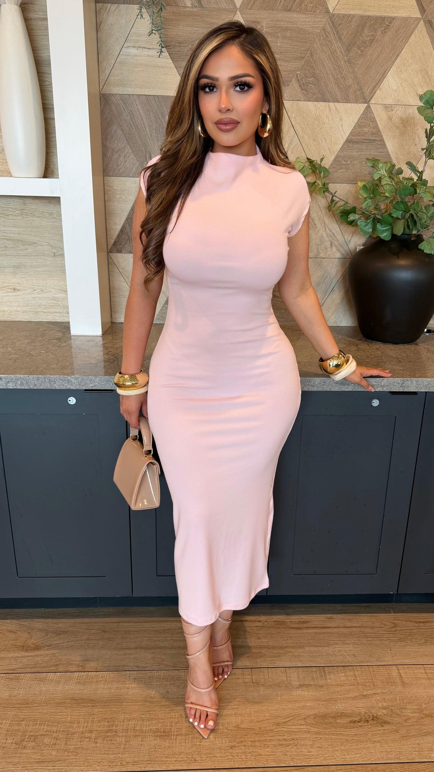 Timeless Mock Neck Midi Dress (Light Pink)