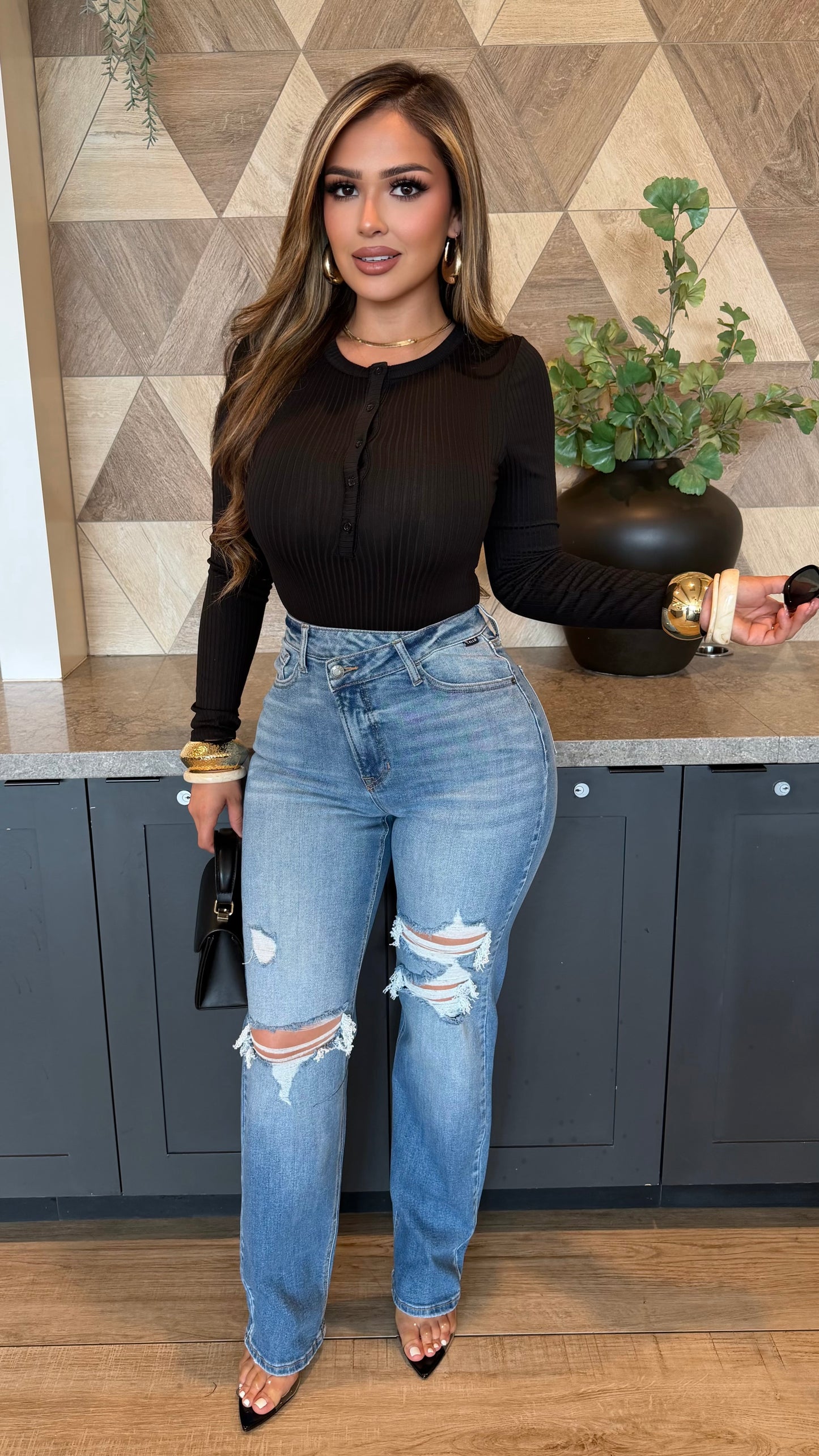 Deluxe Button Ribbed Bodysuit (Black)