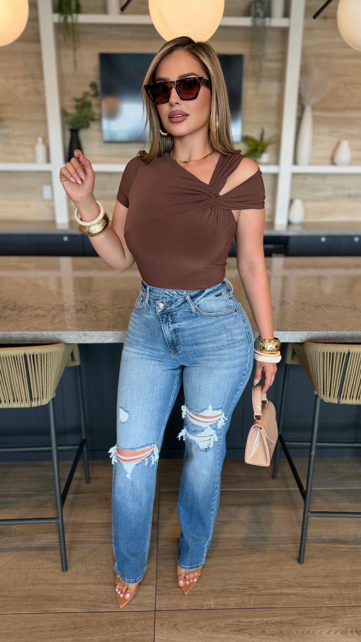 Twisted Cut-Out Bodysuit (Brown)
