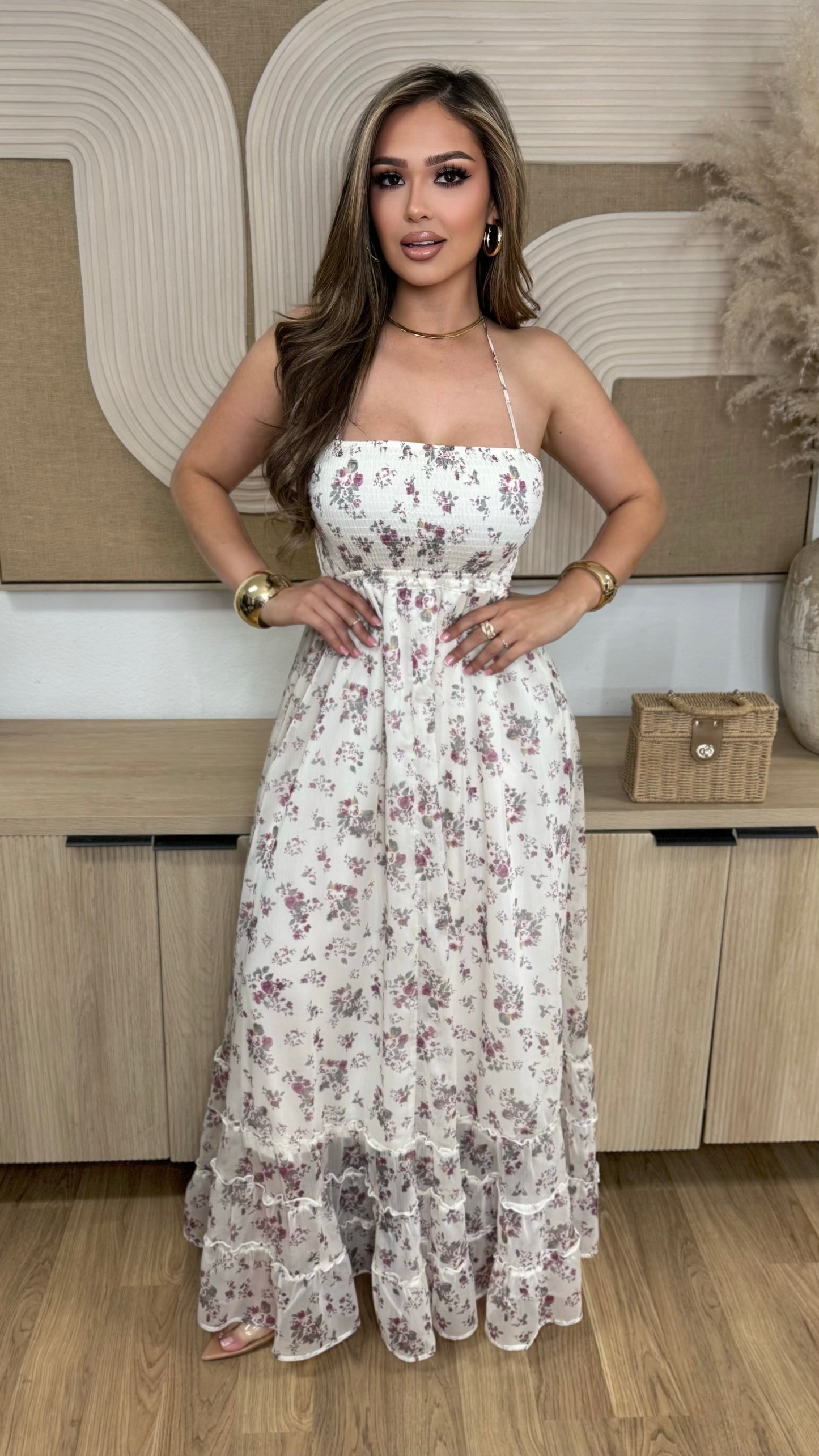 Floral Whisper Back Tie Maxi Dress (Ivory)