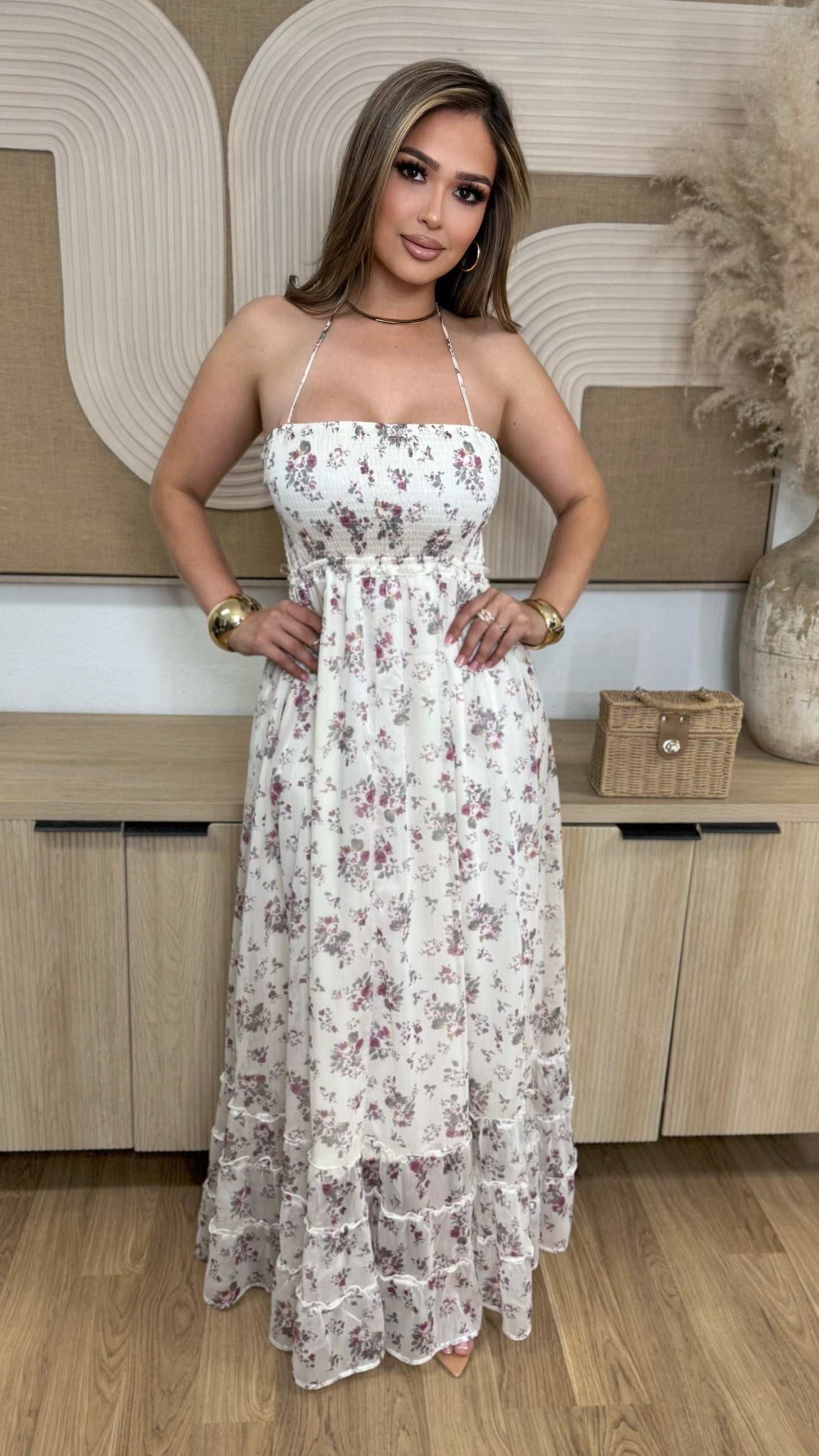 Floral Whisper Back Tie Maxi Dress (Ivory)