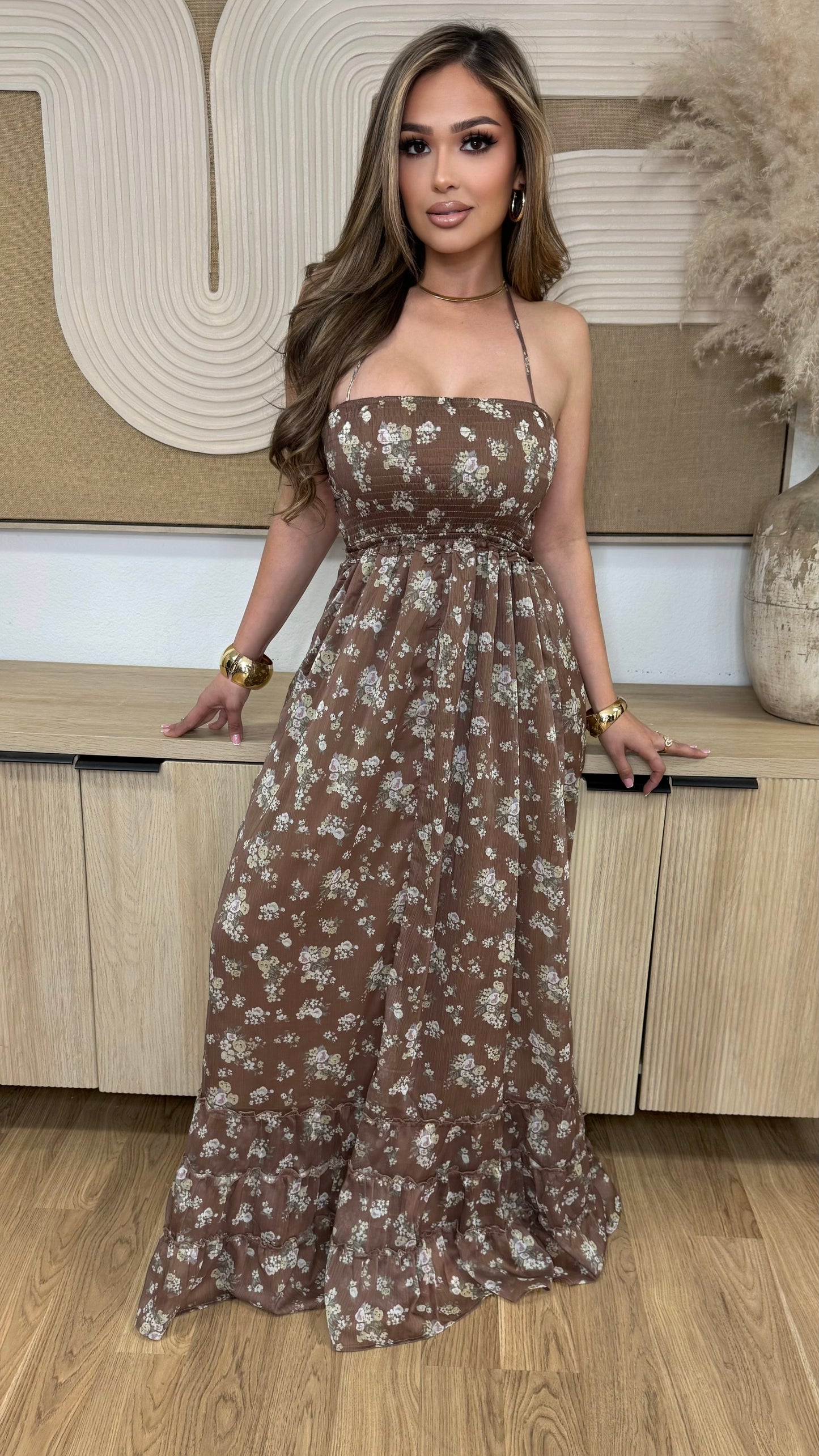 Floral Whisper Back Tie Maxi Dress (Mocha)