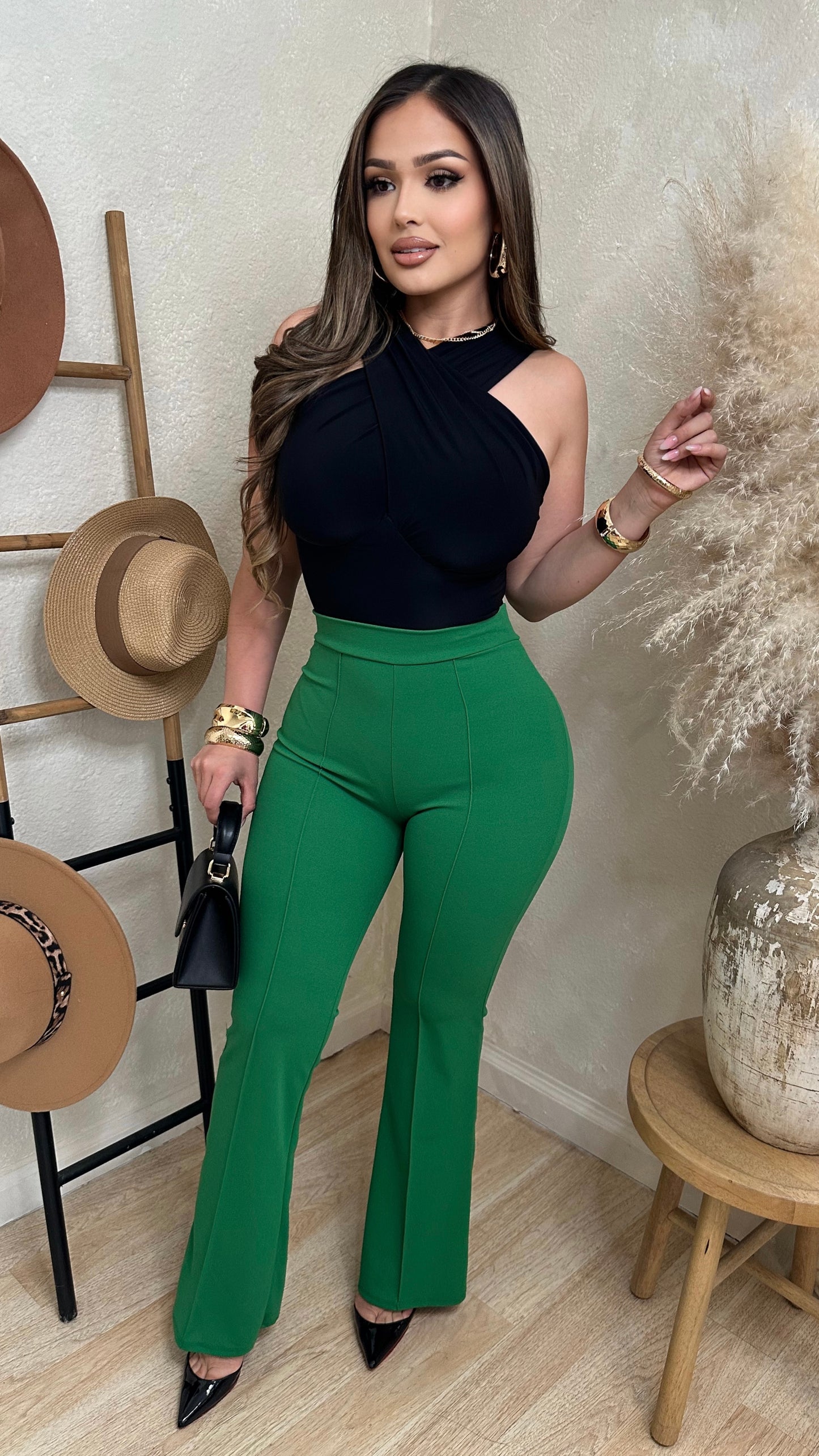 Vivid Blooms High Waisted Pants (Green)
