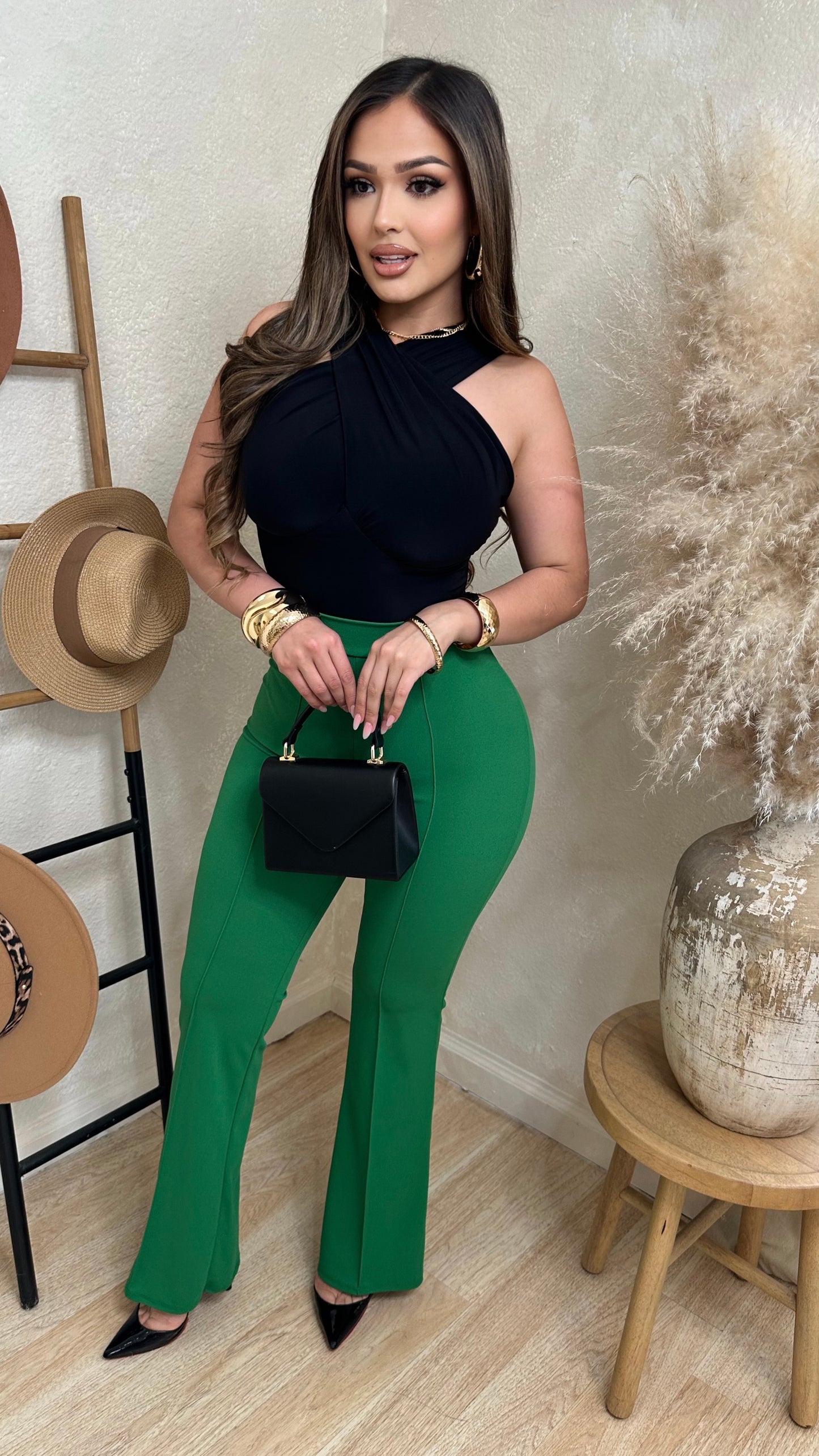 Vivid Blooms High Waisted Pants (Green)