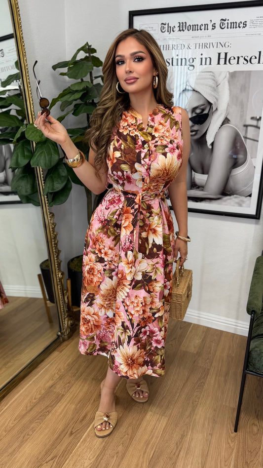 Areli Belted Flowy Midi Dress