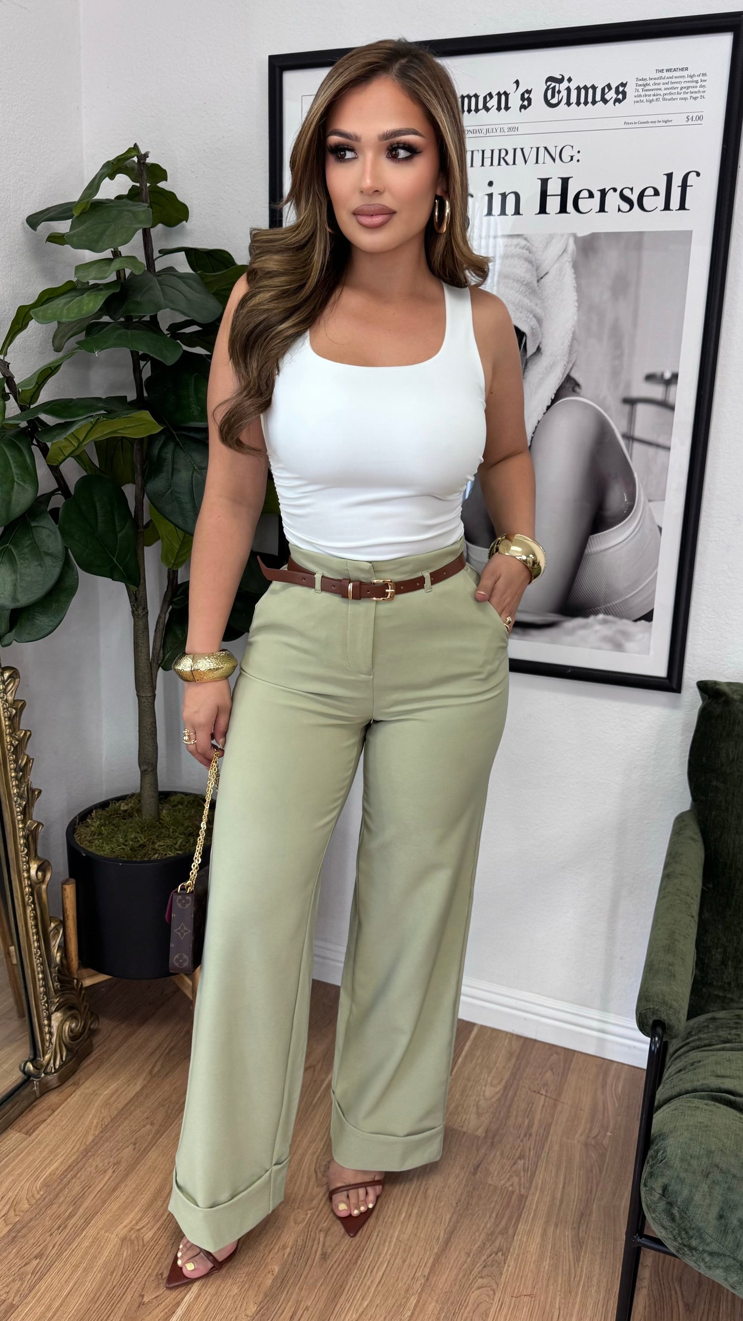 Hustler High Waist Slacks w/ Belt (Olive)