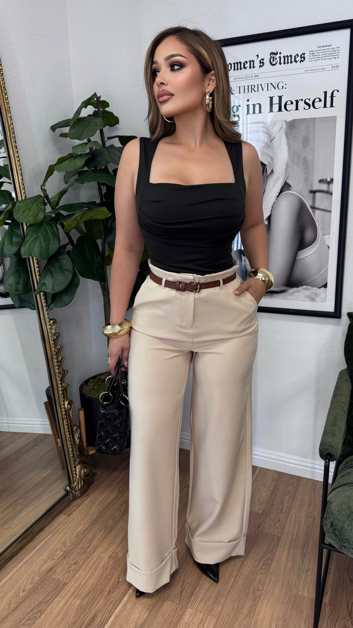 Hustler High Waist Slacks w/ Belt (Khaki)