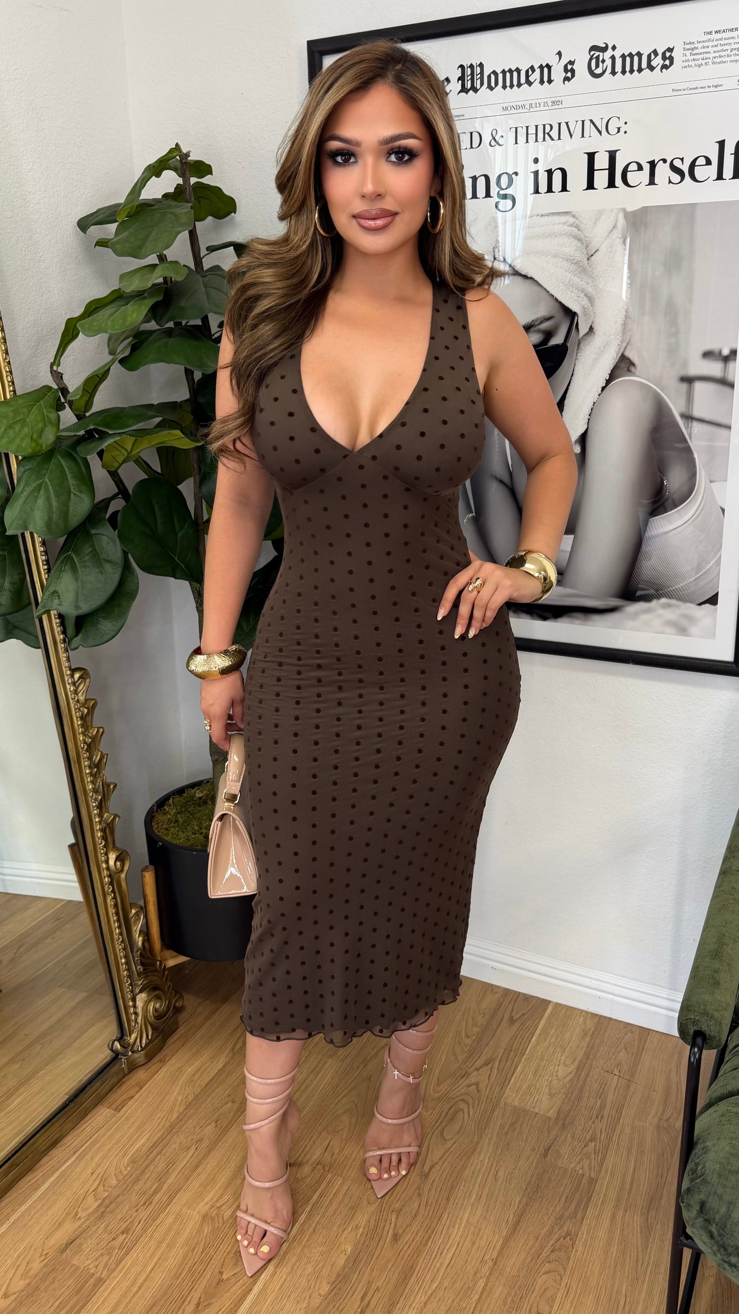Social Hour Polk Dot Dress (Brown)