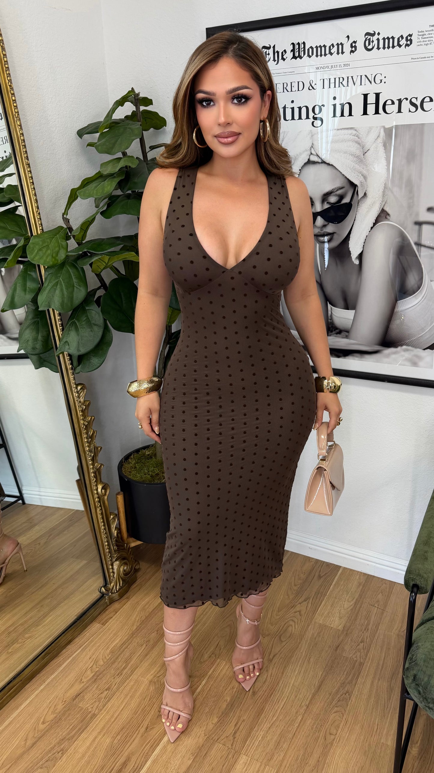 Social Hour Polk Dot Dress (Brown)