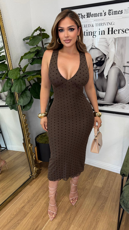 Social Hour Polk Dot Dress (Brown)