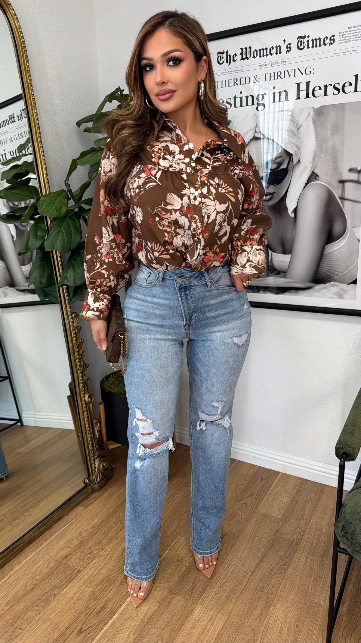 Blissful Floral Button Up Top (Brown)