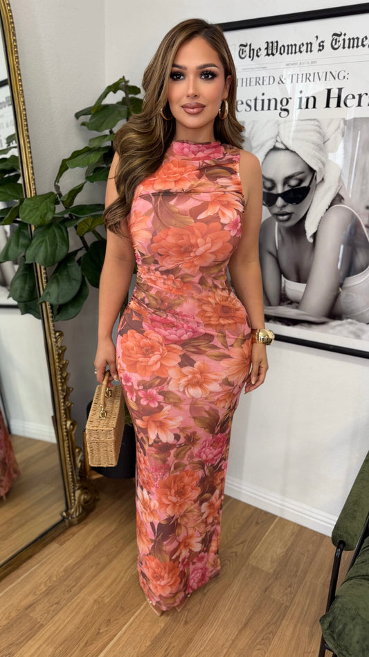 Floral Allure Mesh Maxi Dress (Rose)