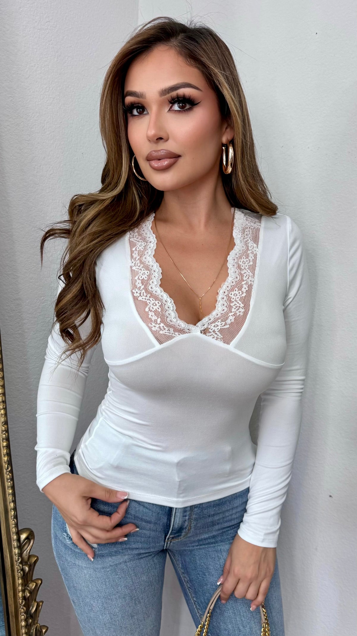 Yaneli Lace Trim Top (White)
