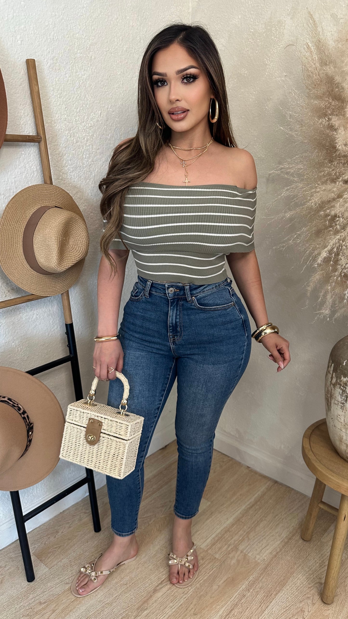 Bella Off-the Shoulder Stripe Top (Olive)