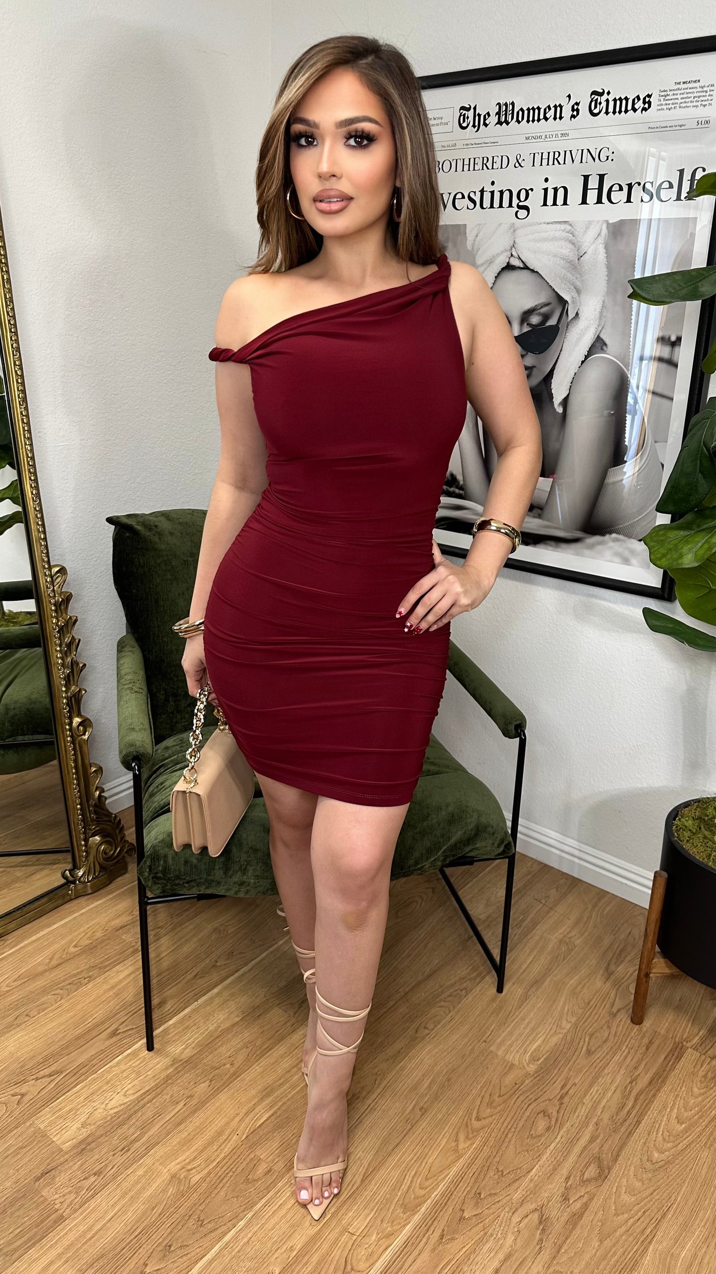 Allure One Shoulder Dress (Burgundy)