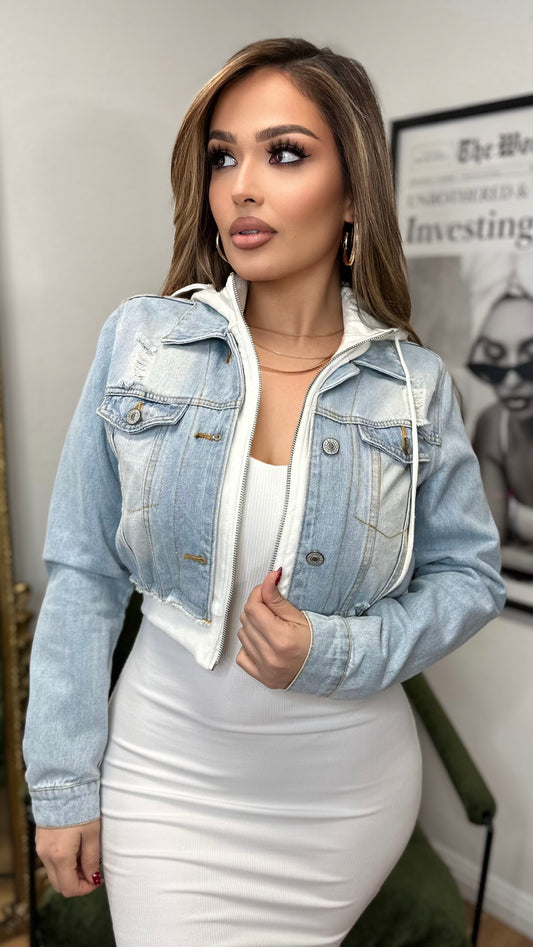 Hot Damn Denim Jacket (Light Wash/ White Hoodie)