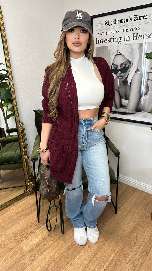 Cozy Cable Knit Cardigan (Burgundy)