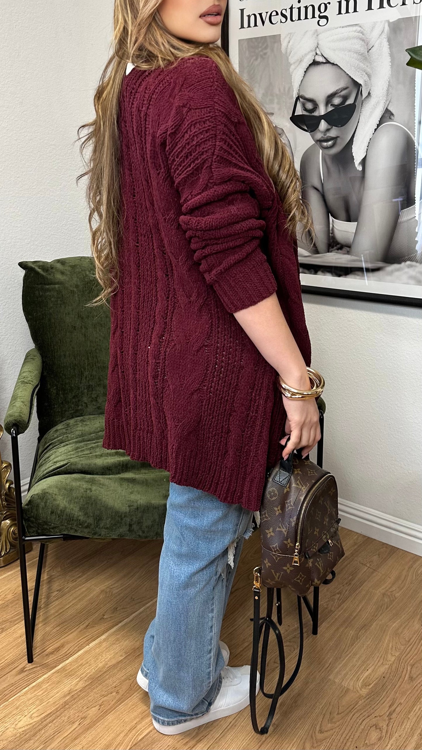 Cozy Cable Knit Cardigan (Burgundy)