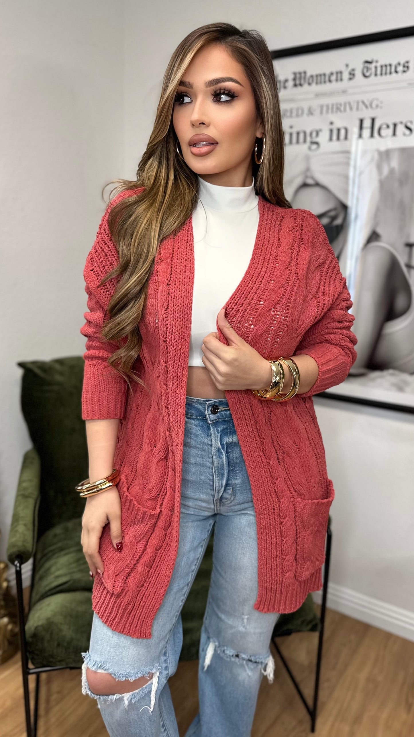 Cozy Cable Knit Cardigan (Rose)