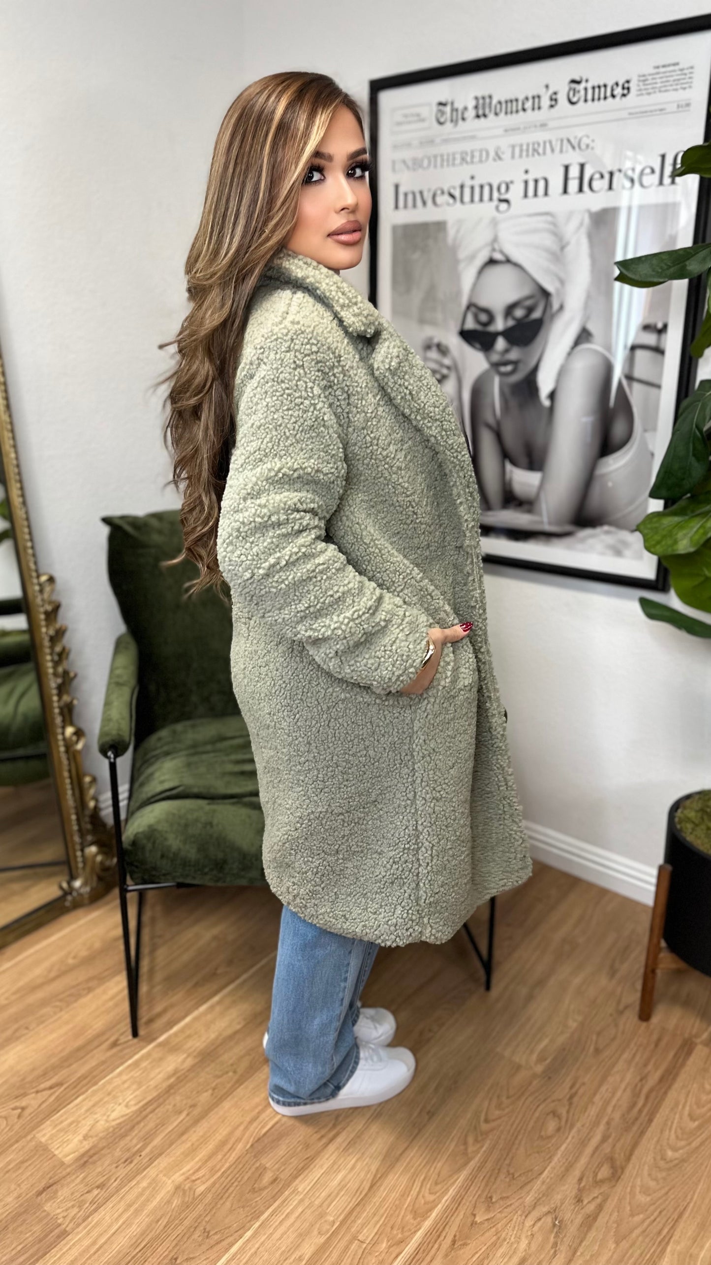 Cozy Midi Teddy Coat (Sage)
