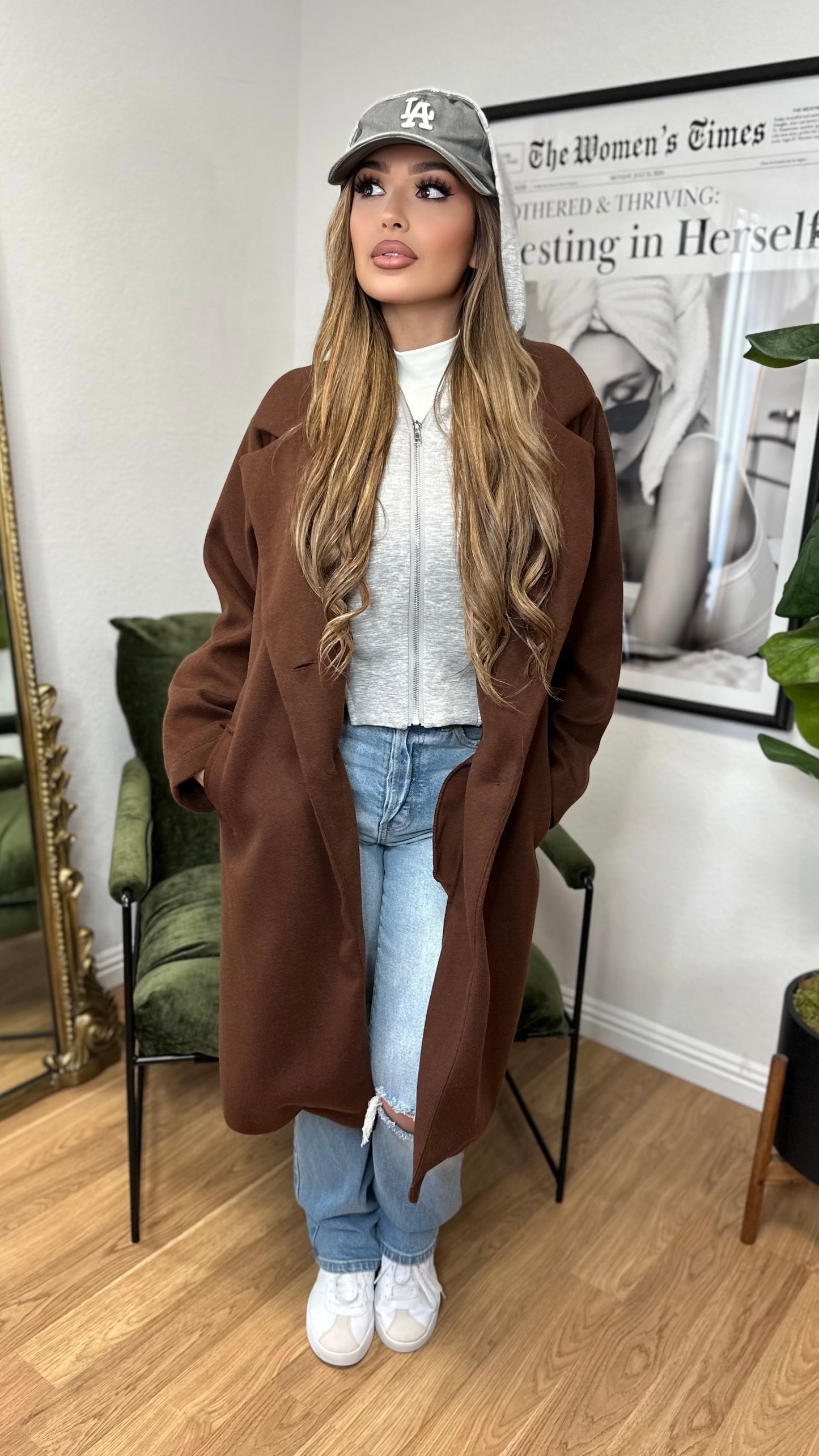 Layered Convertible Hooded Coat (Brown)