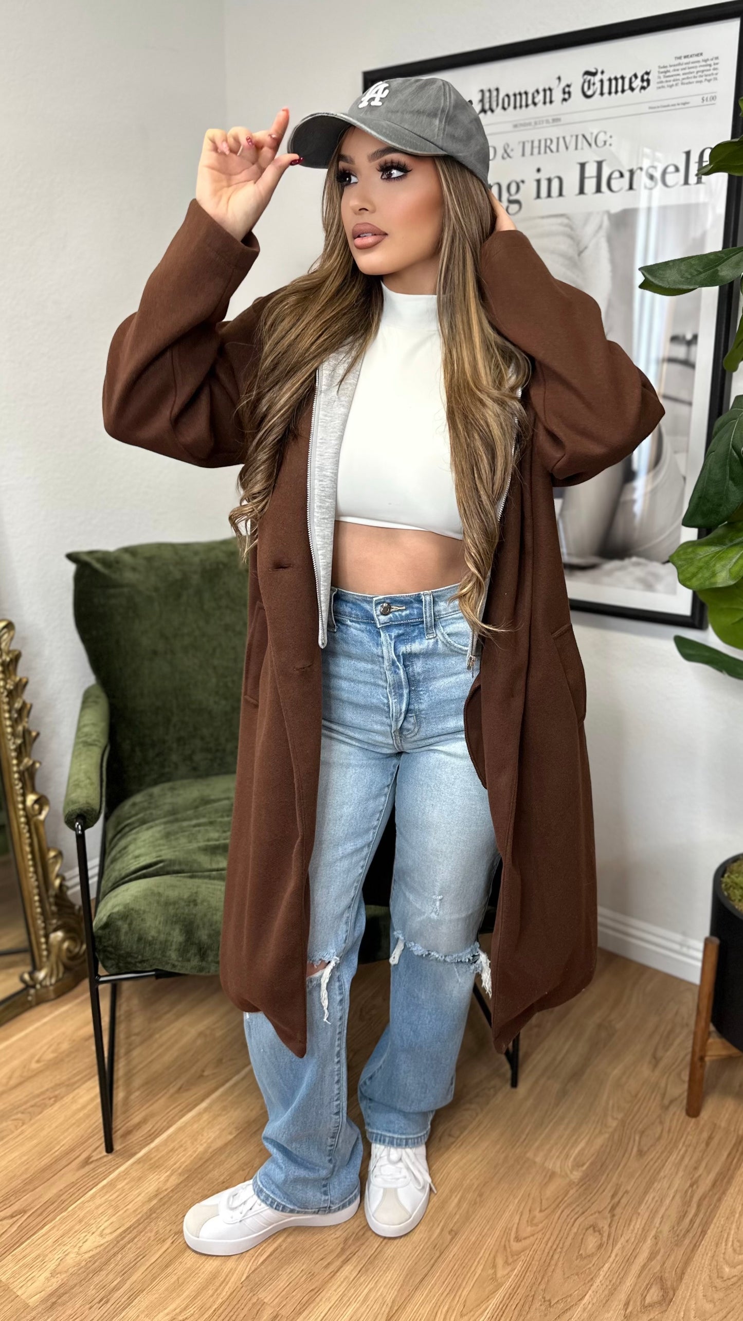 Layered Convertible Hooded Coat (Brown)