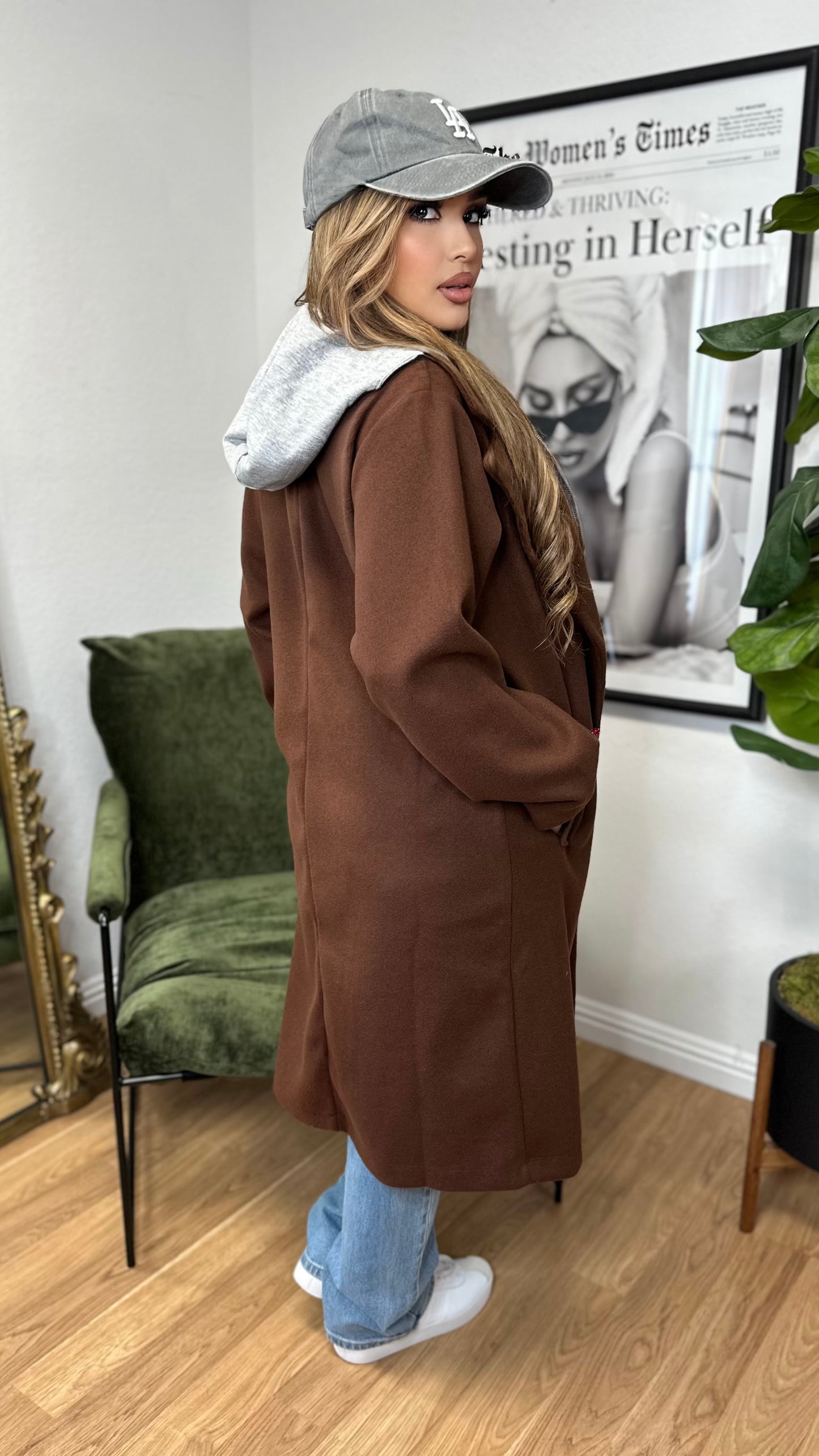Layered Convertible Hooded Coat (Brown)