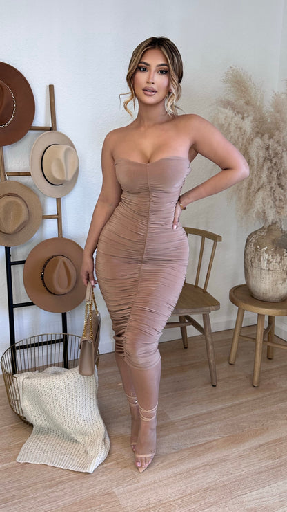 No Regrets Scrunched Midi Dress (Taupe)