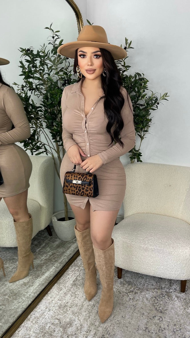 Split It Button Up Dress (Dusty Taupe)