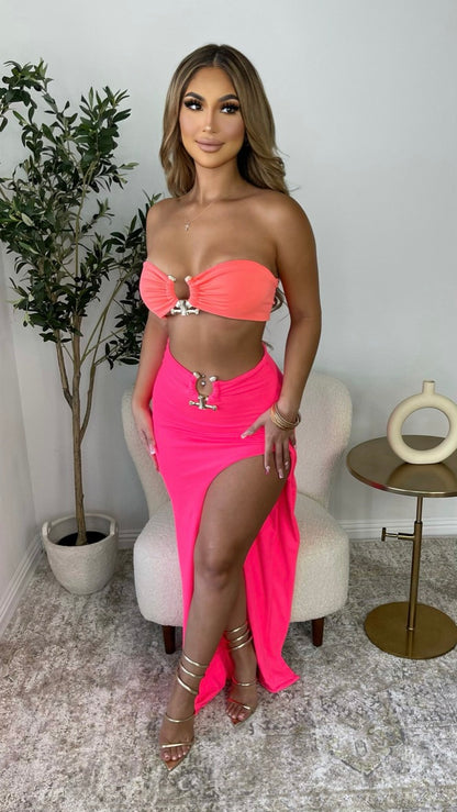 Attention Seeker 2PC Skirt Set (Orange/Coral)
