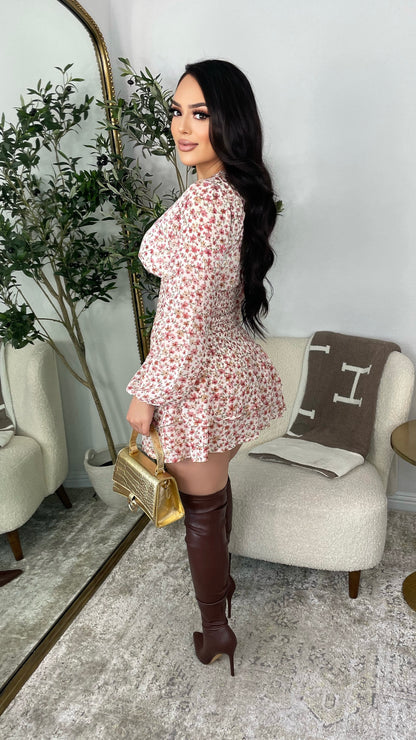 Enchanted Flower Midi Dress (Ivory/Pink/Brown)