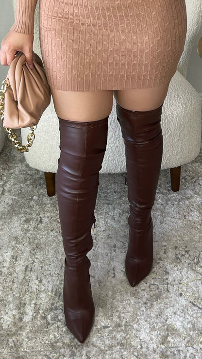 Fall Over The Knee Faux Leather Boots (Brown)